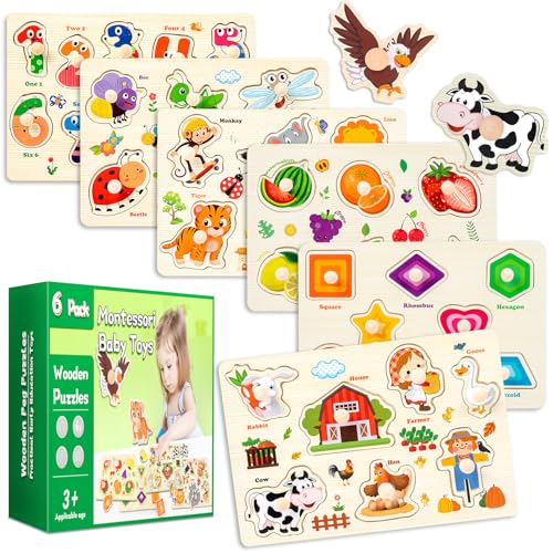 KECIABO Wooden Puzzles for Toddlers6 Pack Toddler Puzzles for Boys GirlsMontessori Toys for BabyPreschool Learning Wooden Peg Puzzles for Kids with FarmInsectsNumbersShapesAnimalsFruits - Image 1