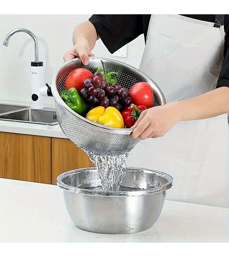 1 Set Heavy Duty Commercial Stainless Steel Microporous Filter Bowl Large Capacity Drain Basket Mixing Basin Thick Wall Dishwasher Safe Rust Proof Design Suitable For Professional Kitchens - Image 2