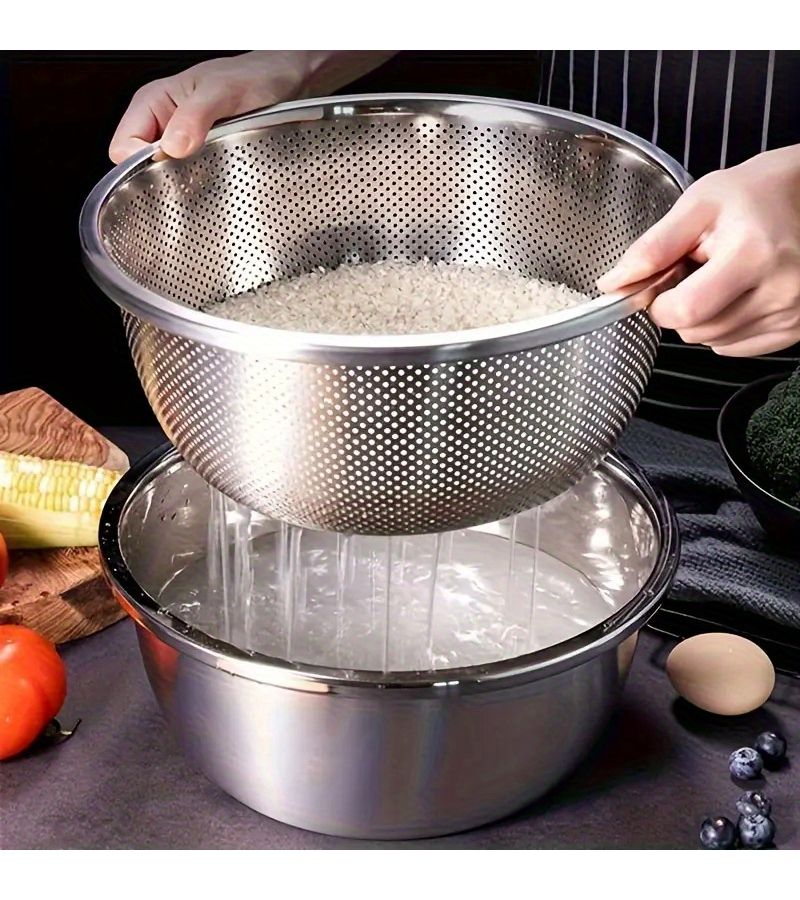 1 Set Heavy Duty Commercial Stainless Steel Microporous Filter Bowl Large Capacity Drain Basket Mixing Basin Thick Wall Dishwasher Safe Rust Proof Design Suitable For Professional Kitchens - Image 1