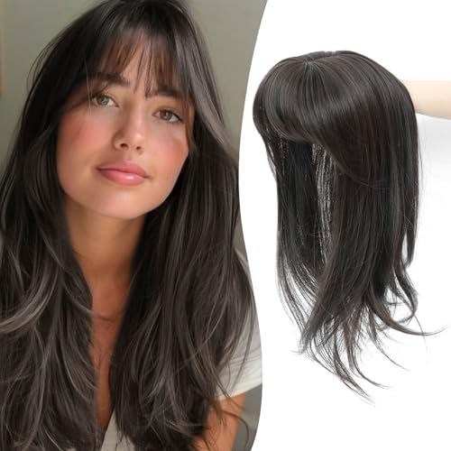 Ms Taj 18 Inch Hair Topper with Clip in Bangs Synthetic Fluffy 4x5 Layered Straight Toppers for Women 360 3D Cover Bangs Hairpiece for Thinning HairDark Brown - Image 1