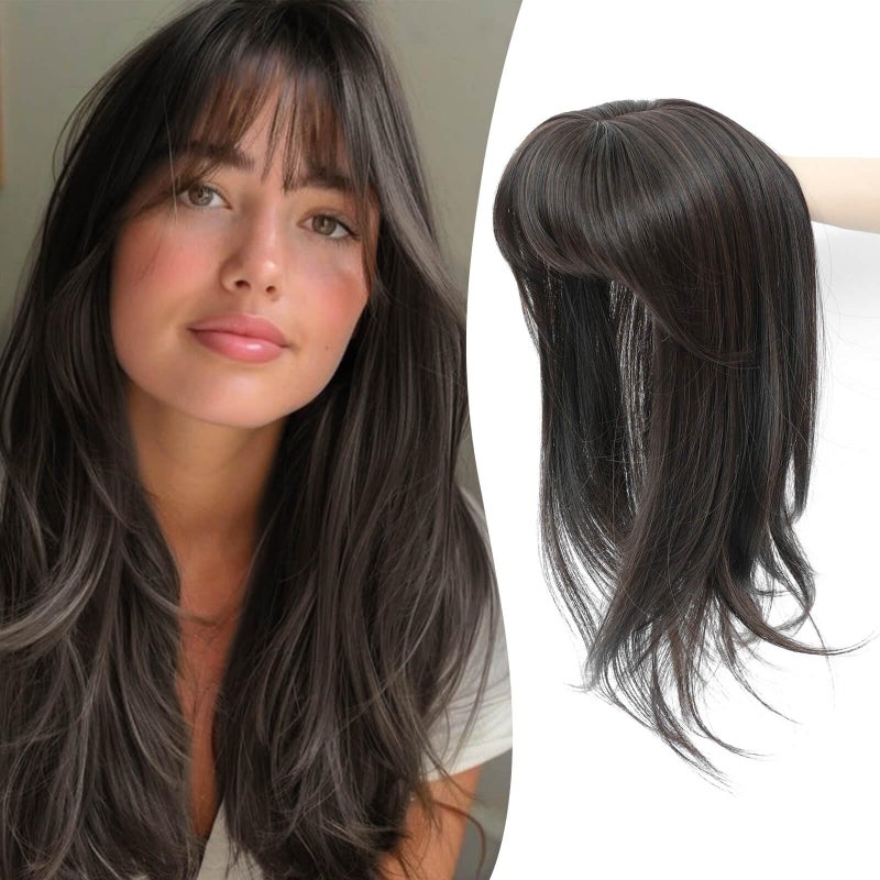 Ms Taj 18 Inch Hair Topper with Clip in Bangs Synthetic Fluffy 4x5 Layered Straight Toppers for Women 360 3D Cover Bangs Hairpiece for Thinning HairDark Brown - Image 2