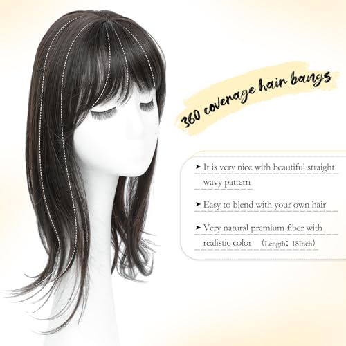 Ms Taj 18 Inch Hair Topper with Clip in Bangs Synthetic Fluffy 4x5 Layered Straight Toppers for Women 360 3D Cover Bangs Hairpiece for Thinning HairDark Brown - Image 3