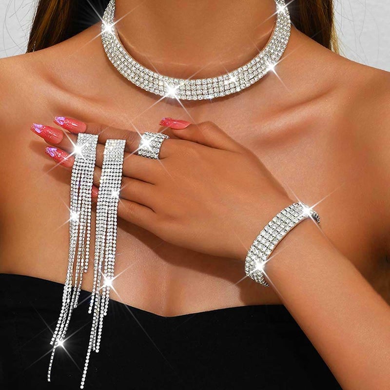 Unicra Rhinestone Bridal Wedding Jewelry Sets Silver Choker Necklace Earrings Bracelet Ring Set Prom Formal Costume Jewelry Set for Women and Brides (Silver) - Image 5