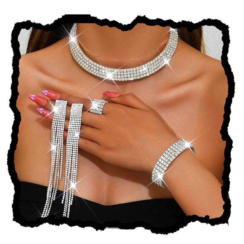 Unicra Rhinestone Bridal Wedding Jewelry Sets Silver Choker Necklace Earrings Bracelet Ring Set Prom Formal Costume Jewelry Set for Women and Brides (Silver) - Image 1