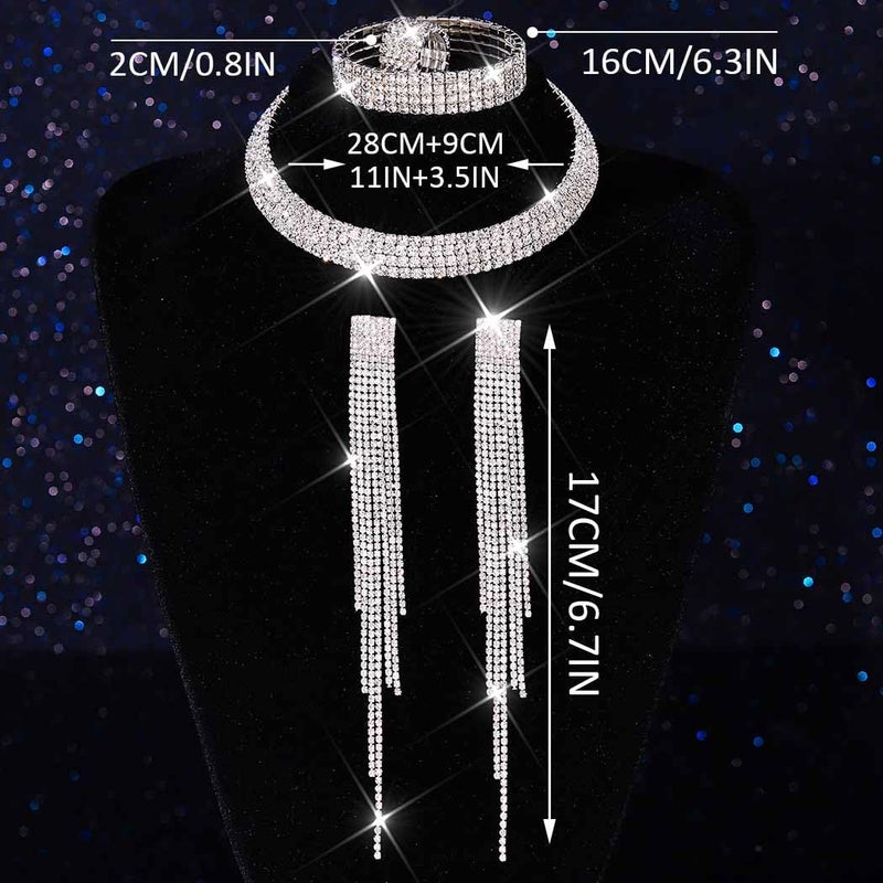 Unicra Rhinestone Bridal Wedding Jewelry Sets Silver Choker Necklace Earrings Bracelet Ring Set Prom Formal Costume Jewelry Set for Women and Brides (Silver) - Image 4