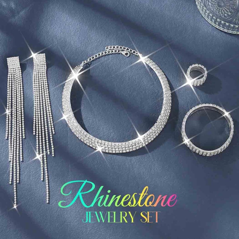 Unicra Rhinestone Bridal Wedding Jewelry Sets Silver Choker Necklace Earrings Bracelet Ring Set Prom Formal Costume Jewelry Set for Women and Brides (Silver) - Image 2