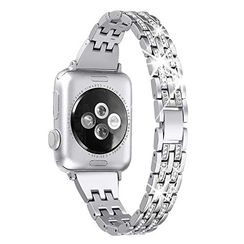 Secbolt Bling Bands Compatible with Apple Watch Band 38mm 40mm 41mm 42mm(Series 11/10) Women iWatch SE Series 11 10 9 8 7 6 5 4 3 2 1, Dressy Jewelry Metal Wristband Strap Diamond Rhinestone, Silver - Image 1