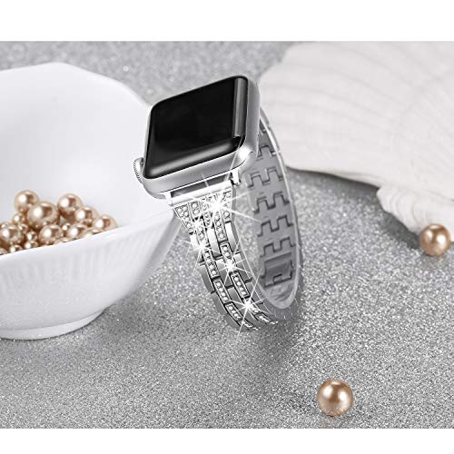 Secbolt Bling Bands Compatible with Apple Watch Band 38mm 40mm 41mm 42mm(Series 11/10) Women iWatch SE Series 11 10 9 8 7 6 5 4 3 2 1, Dressy Jewelry Metal Wristband Strap Diamond Rhinestone, Silver - Image 2