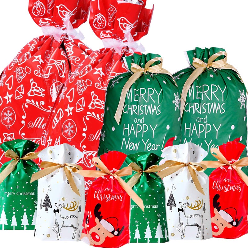 Funnlot Christmas Drawstring Gift Bags  32 PCS in 7 Styles with Ribbon Ties for Candy Treats and Party Favors