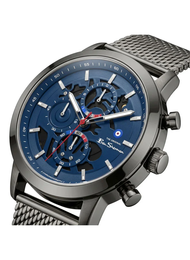 بين شيرمان Nottingham Blue Dial Gunmetal Stainless Steel Bracelet Chronograph Watch for Men, 44mm