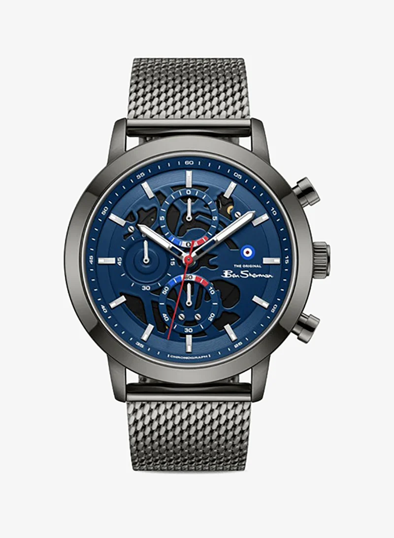 بين شيرمان Nottingham Blue Dial Gunmetal Stainless Steel Bracelet Chronograph Watch for Men, 44mm