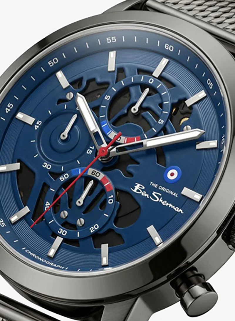 بين شيرمان Nottingham Blue Dial Gunmetal Stainless Steel Bracelet Chronograph Watch for Men, 44mm