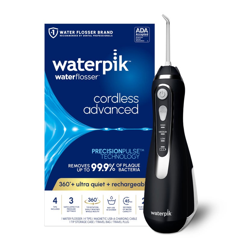Waterpik جهاز تنظيف الأسنان بالماء اللاسلكي المتقدم 2.0 من ووتربك، لتنظيف الأسنان واللثة والأقواس، للعناية بالأسنان مع حقيبة سفر و4 رؤوس، معتمد من ADA، قابل للشحن، محمول، ومقاوم للماء، أسود WP-582، قد يختلف التغليف. - Image 1