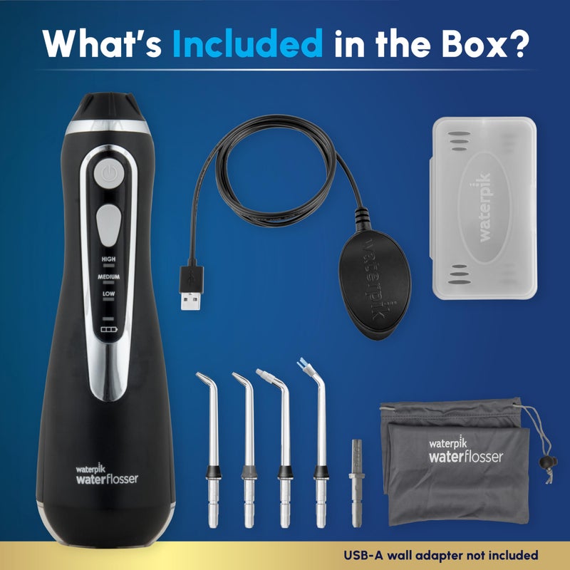 Waterpik جهاز تنظيف الأسنان بالماء اللاسلكي المتقدم 2.0 من ووتربك، لتنظيف الأسنان واللثة والأقواس، للعناية بالأسنان مع حقيبة سفر و4 رؤوس، معتمد من ADA، قابل للشحن، محمول، ومقاوم للماء، أسود WP-582، قد يختلف التغليف. - Image 4