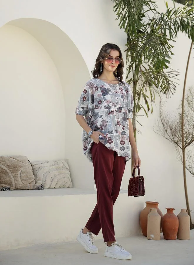 sanskrutihomes Printed Round Neck Longline Top and Trousers Co-Ords by Styli