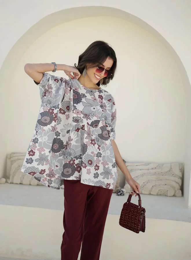 sanskrutihomes Printed Round Neck Longline Top and Trousers Co-Ords by Styli