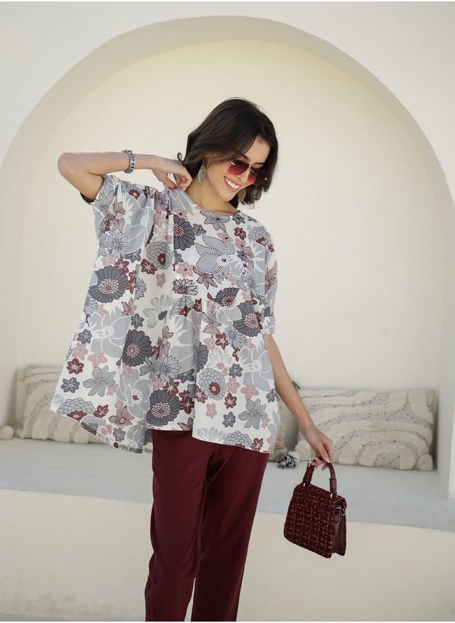 sanskrutihomes - Printed Round Neck Longline Top and Trousers Co-Ords by Styli - Image 1