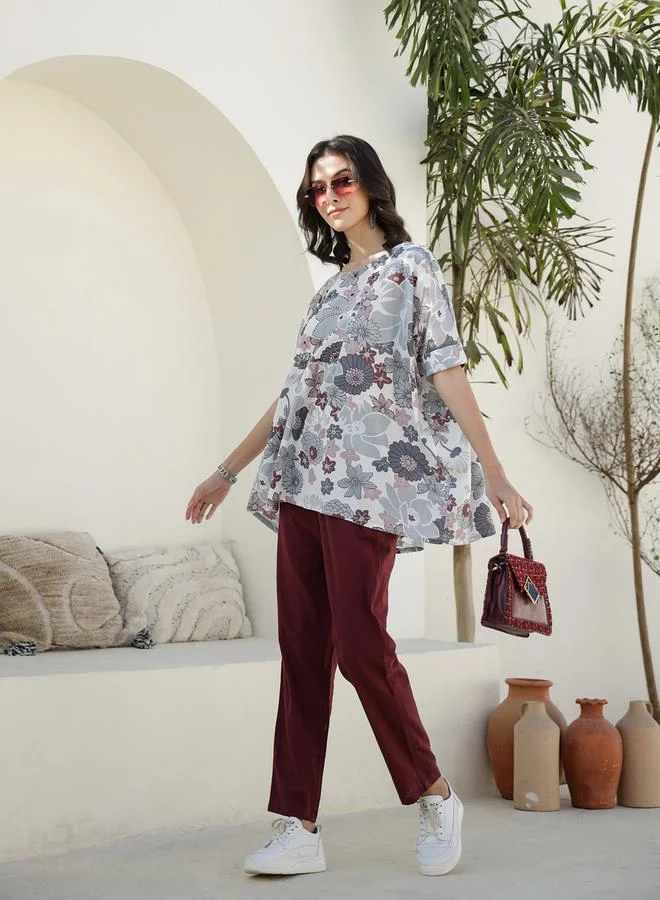 sanskrutihomes Printed Round Neck Longline Top and Trousers Co-Ords by Styli