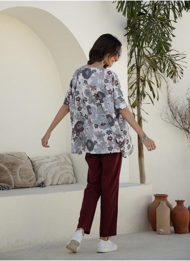 sanskrutihomes - Printed Round Neck Longline Top and Trousers Co-Ords by Styli - Image 1