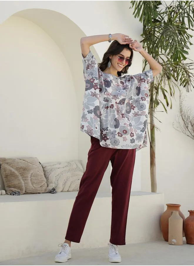 sanskrutihomes Printed Round Neck Longline Top and Trousers Co-Ords