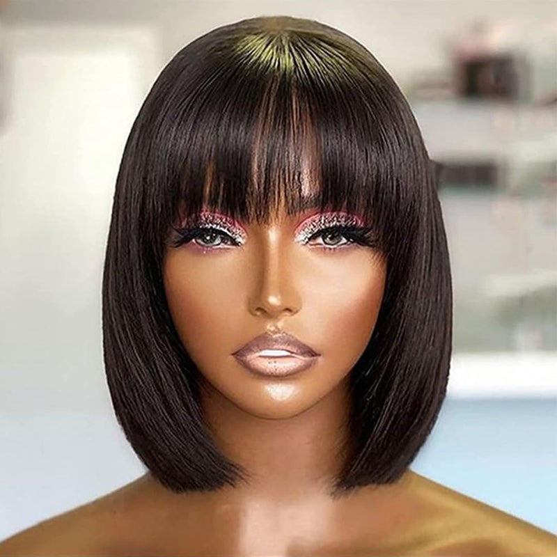 JOEDIR HAIR Bob Human Hair Wig with Bangs Straight Black Hair 10 Inch Short Bob Wig with Bangs for Black Women Color 1B