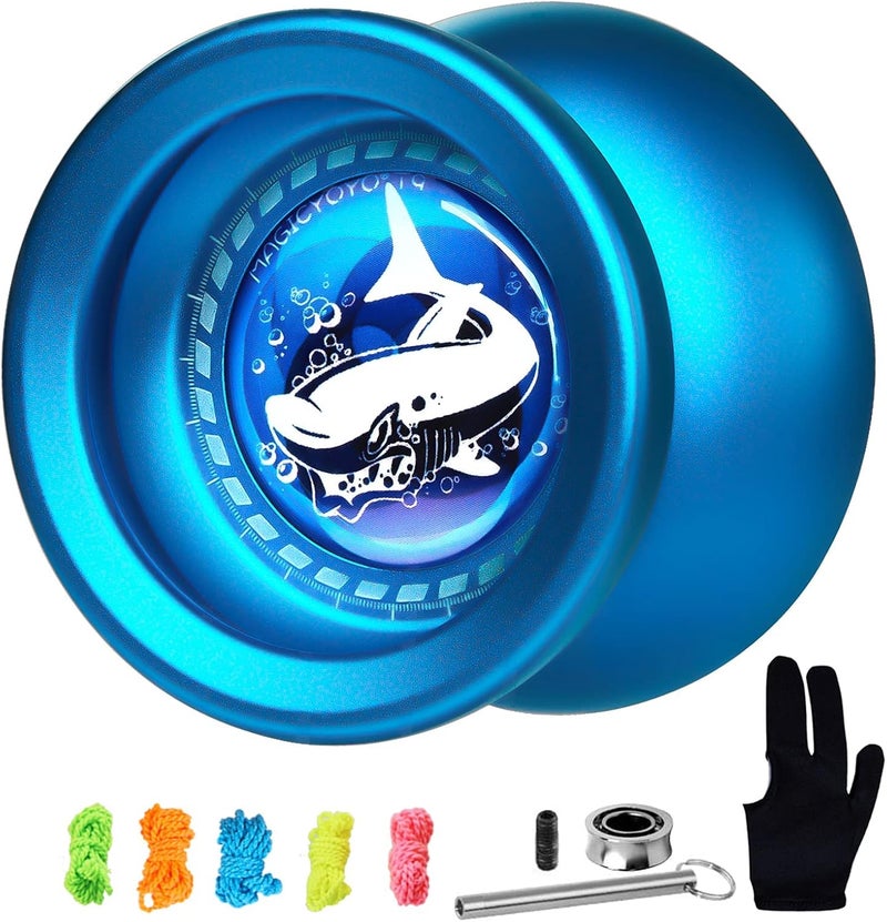 Luckam Responsive Yoyo T9 Shark-Blue, Professional Yoyo Metal Alloy Yo Yo for Kids Beginner + Replacement Unresponsive Yoyo Bearing + Removal Bearing Tool + Glove + 5 Yoyo Strings - Image 1