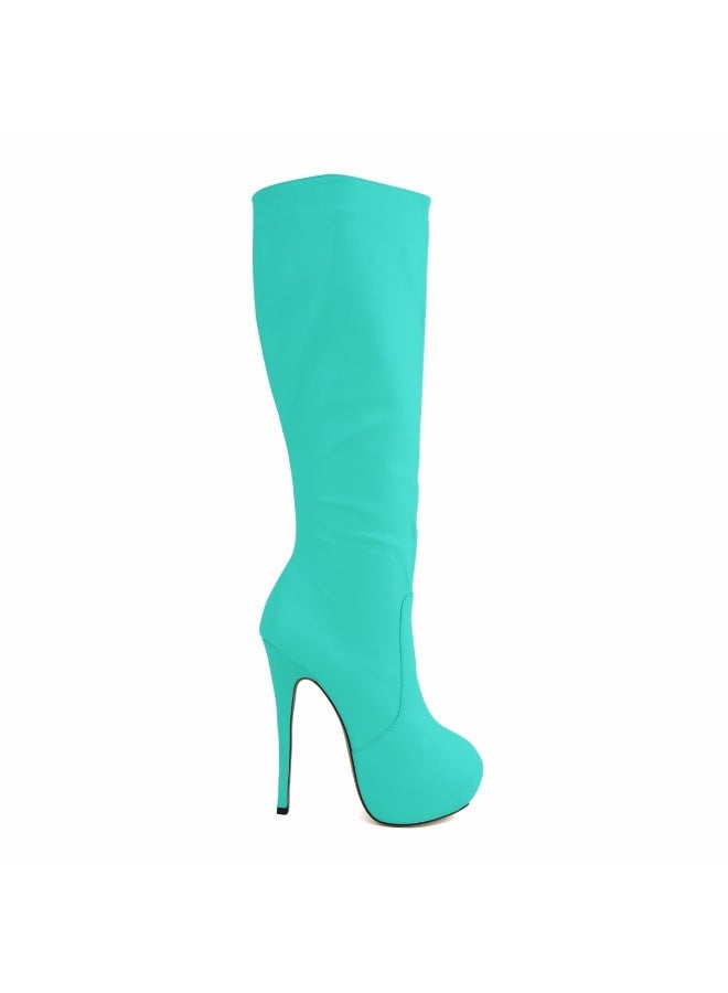 Loquat Faux leather ultra-high heel leg-slimming round-toe knee-high women's boots Heel height: 14cm, platform height: 4cm Green - Image 1