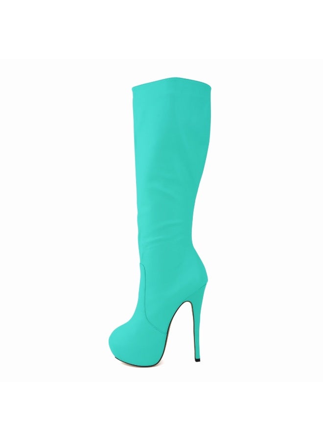 Loquat Faux leather ultra-high heel leg-slimming round-toe knee-high women's boots Heel height: 14cm, platform height: 4cm Green - Image 2