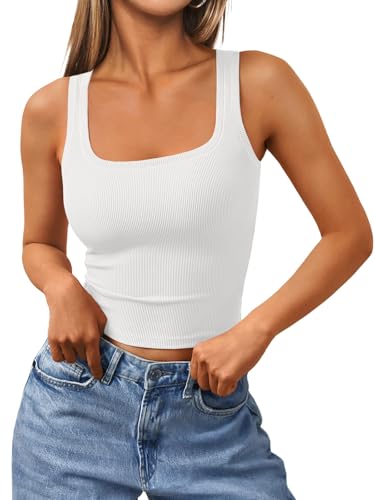 Trendy Queen Women's Summer Square Neck Tank Tops Workout Cropped Ribbed Summer Camisole Sleeveless Clothes 2025 White M - Image 1