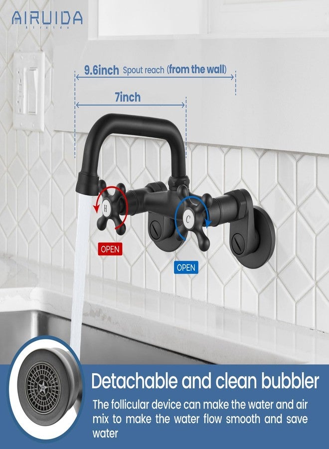 Airuida Matte Black Wall Mount Kitchen Faucet, 6 Inch(15cm) Spout Wall Mount Laundry Sink Faucet, Adjustable Center Double Handles Hot and Cold Water Mixer Tap 360 Rotatable Restaurant Faucet - Image 2