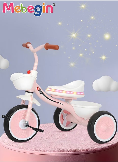 Kids Tricycles with Music and Light, Pedal Balance Bike with 3 Silence Wheels, Storage Basket and Pedals, Outdoor Ride-on Bikes, Suitable for a Wide Range of Roads, Ideal Gift for Kids