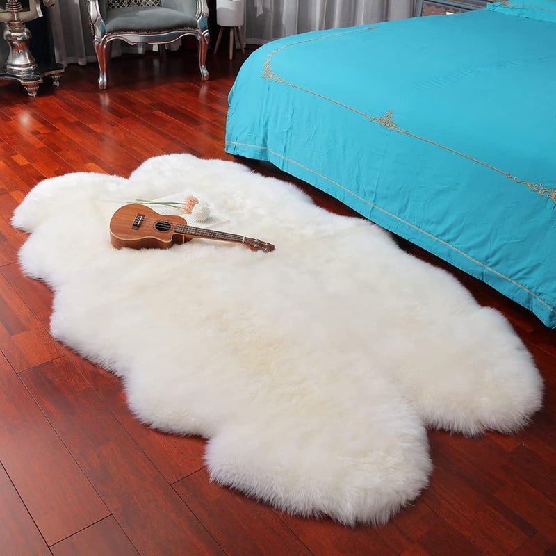 LLB Genuine Sheepskin Area Rug Wool Rug Fur Carpet Fluffy Shaggy Fur Rug for Living Room Kids Bedroom Real Sheepskin Throw Lambskin Rugs Sofa Mat Chair Seat Covers Ivory White 4 x 6 ft Sheepskin