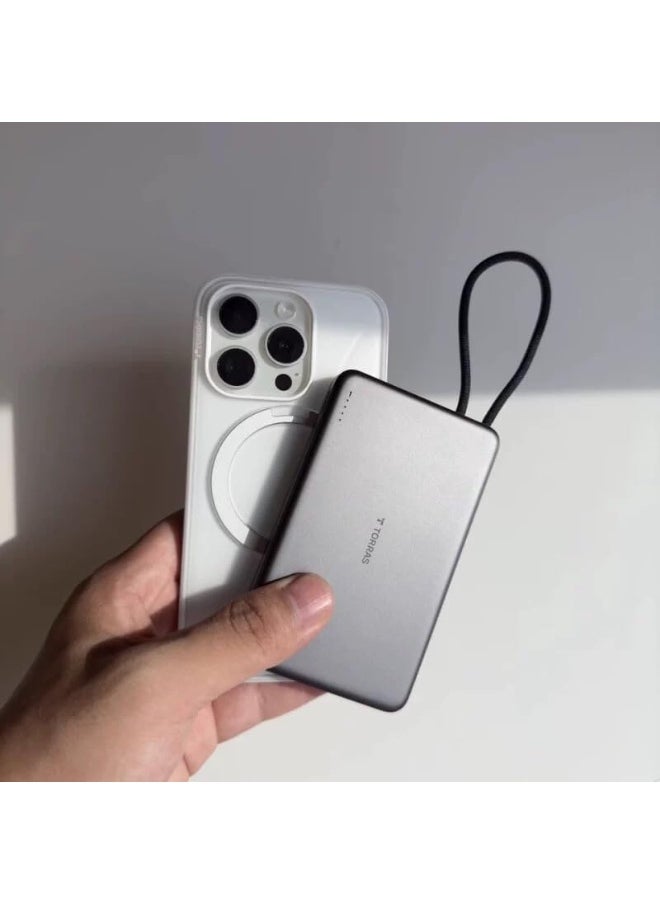 TORRAS - PebbleLink Power Bank with Built-in USB-C Cable, Ultra-Slim 10,000mAh Portable Charger USB C, 22.5W Fast Charging Battery Pack for iPhone 16/15/Samsung S24 Ultra/Android, Glacier Grey (No-Wireless) - Image 1
