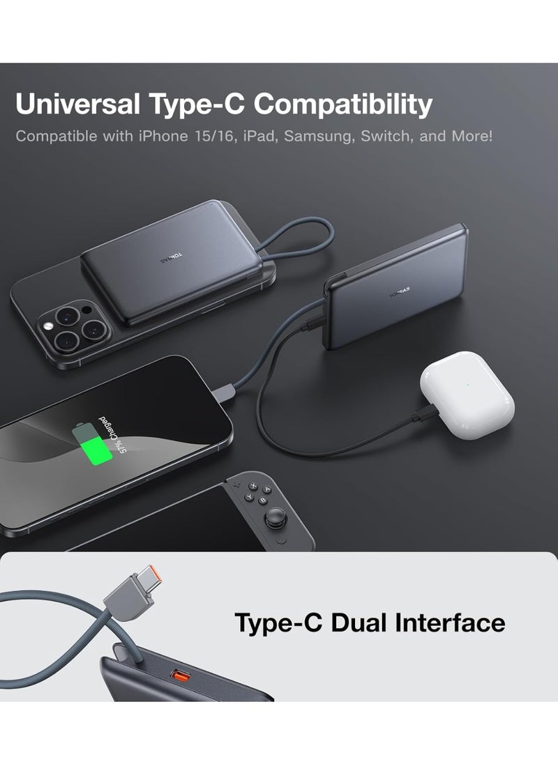 TORRAS - PebbleLink Power Bank with Built-in USB-C Cable, Ultra-Slim 10,000mAh Portable Charger USB C, 22.5W Fast Charging Battery Pack for iPhone 16/15/Samsung S24 Ultra/Android, Glacier Grey (No-Wireless) - Image 1