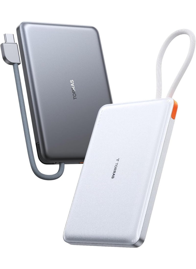 TORRAS - PebbleLink Power Bank with Built-in USB-C Cable, Ultra-Slim 10,000mAh Portable Charger USB C, 22.5W Fast Charging Battery Pack for iPhone 16/15/Samsung S24 Ultra/Android, Glacier Grey (No-Wireless) - Image 1