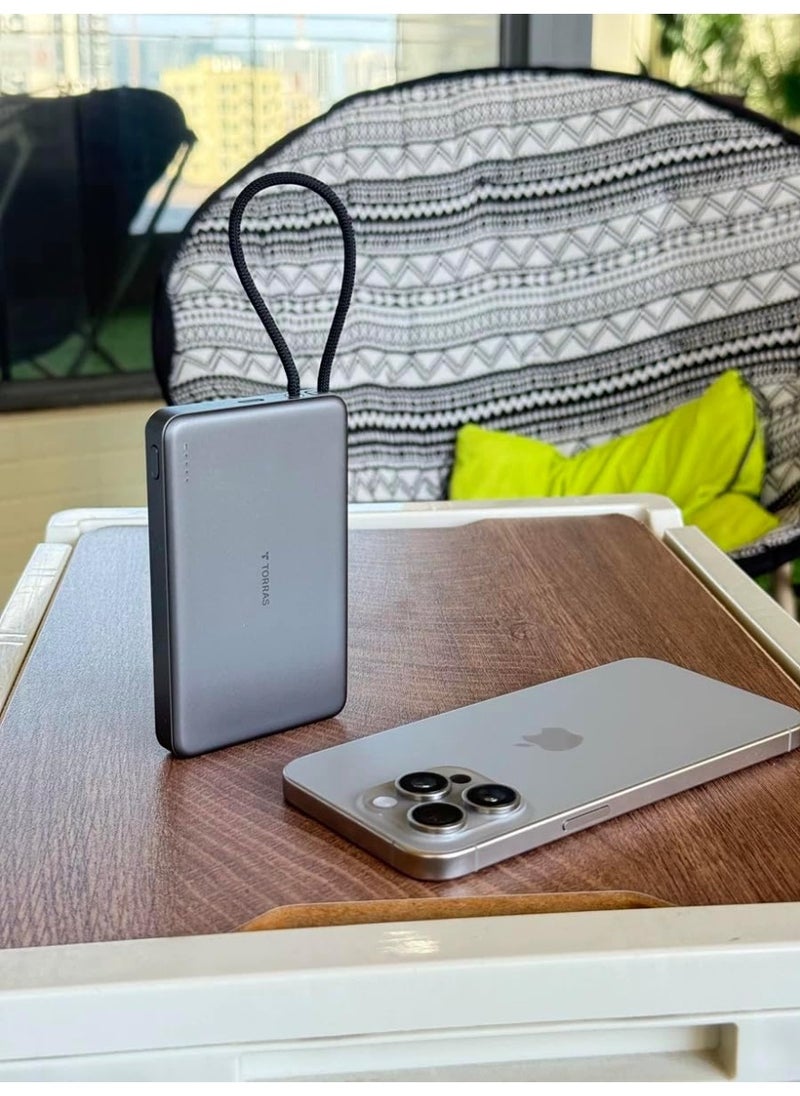 TORRAS - PebbleLink Power Bank with Built-in USB-C Cable, Ultra-Slim 10,000mAh Portable Charger USB C, 22.5W Fast Charging Battery Pack for iPhone 16/15/Samsung S24 Ultra/Android, Glacier Grey (No-Wireless) - Image 1
