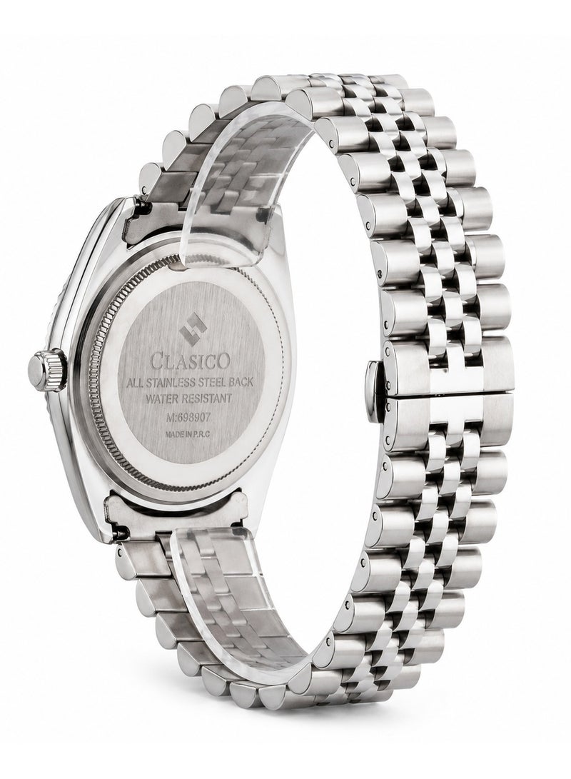 Clasico Royale Men's Luxury  Watch – Arabic Numeral Dial, Fluted Bezel, Date Display & Premium Stainless Steel Jubilee Bracelet - Image 3
