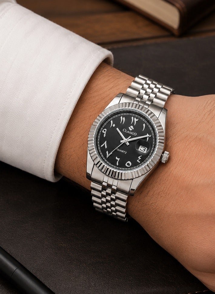 Clasico Royale Men's Luxury  Watch – Arabic Numeral Dial, Fluted Bezel, Date Display & Premium Stainless Steel Jubilee Bracelet - Image 4