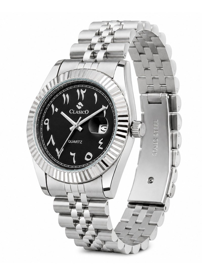 Clasico Royale Men's Luxury  Watch – Arabic Numeral Dial, Fluted Bezel, Date Display & Premium Stainless Steel Jubilee Bracelet - Image 2