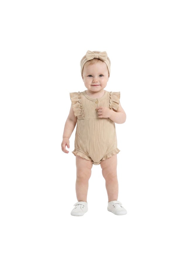 Bambimici Toddler Girl Cotton Brown Romper with Headband – 2-Piece Ruffle Bodysuit Set - Image 1