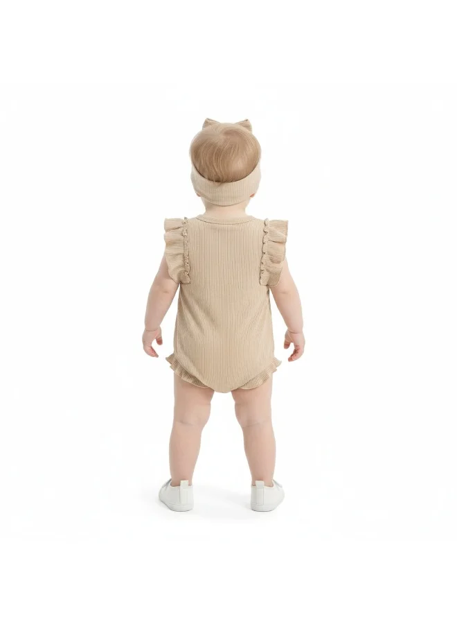 Bambimici Toddler Girl Cotton Brown Romper with Headband – 2-Piece Ruffle Bodysuit Set