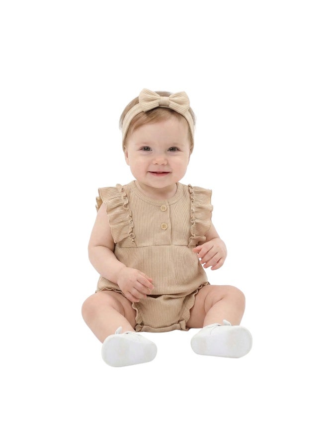 Bambimici Toddler Girl Cotton Brown Romper with Headband – 2-Piece Ruffle Bodysuit Set - Image 3