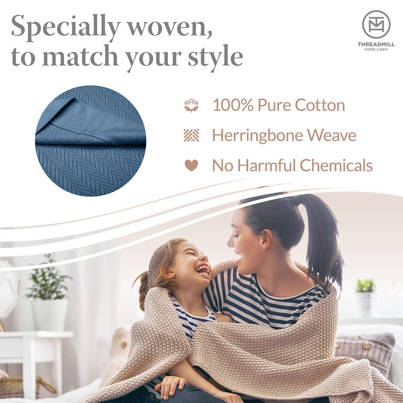 Threadmill Luxury Cotton Blankets for Twin Size Bed | All-Season 100% Cotton Twin Blanket for Bed | Herringbone Soft & Cozy Fall Thermal Blanket, 350GSM, 68x92 inches | Folkstone Blue - Image 3