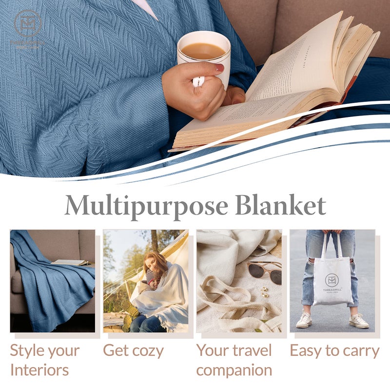 Threadmill Luxury Cotton Blankets for Twin Size Bed | All-Season 100% Cotton Twin Blanket for Bed | Herringbone Soft & Cozy Fall Thermal Blanket, 350GSM, 68x92 inches | Folkstone Blue - Image 2