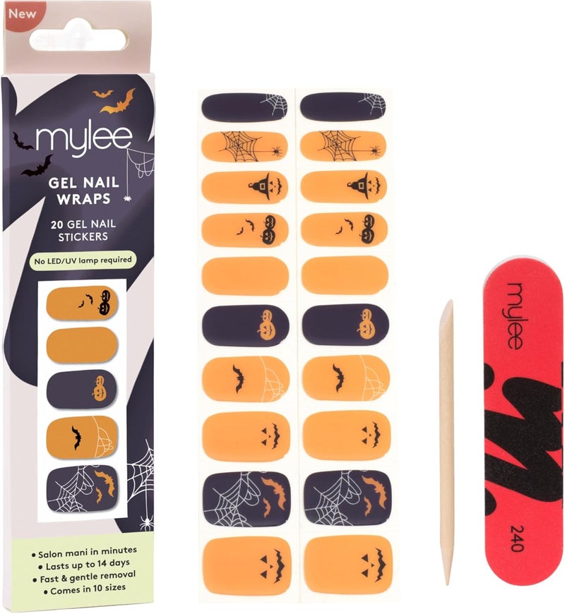 Mylee Gel Nail Wraps Patchwork Pumpkin Halloween 2025 Collection 10 PreCured Gel Stickers SelfAdhesive No Lamp Needed ChipResistant Glossy Finish Long Lasting Easy to Apply Nail Art