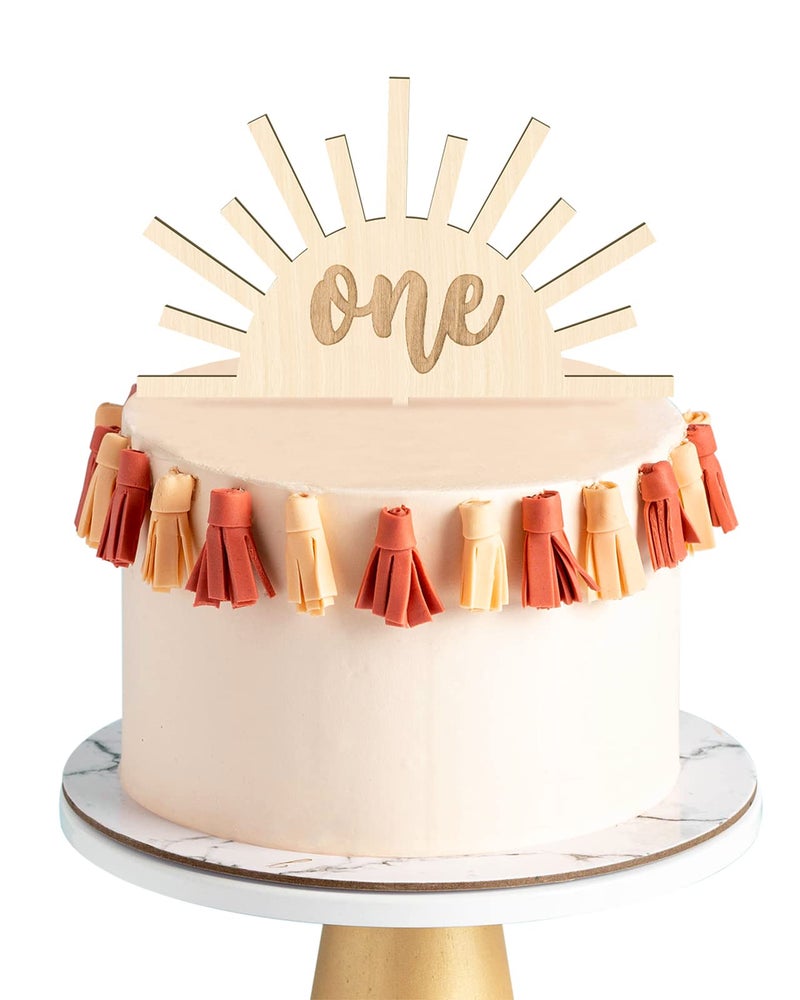 Huray Rayho Sun Cake Topper 1st Birthday Decorations Wooden 7x6.3in Natural One Cake Smash Photo Booth Prop - Image 1