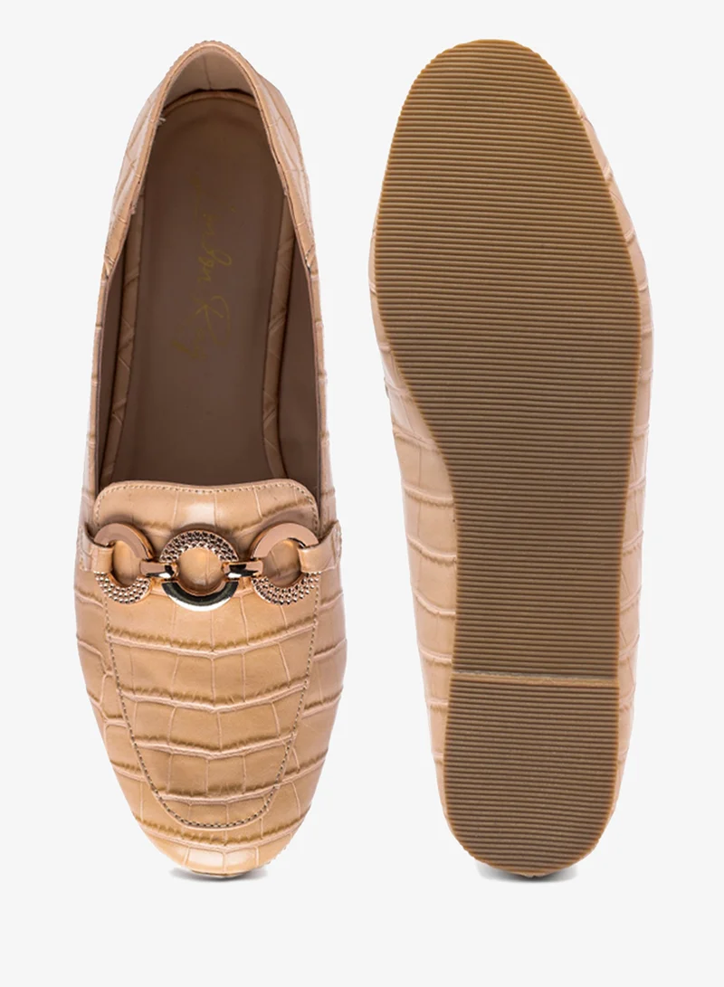 London Rag  Croc Textured Metal Show Detail Loafers in Beige for Women | Best Price UAE