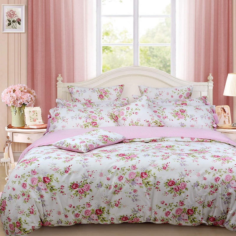 FADFAY Rose Floral Duvet Cover Set Pink Grid Cotton Girls Bedding with Hidden Zipper Closure 3 Pieces, 1duvet Cover & 2pillowcases,Full Size - Image 2