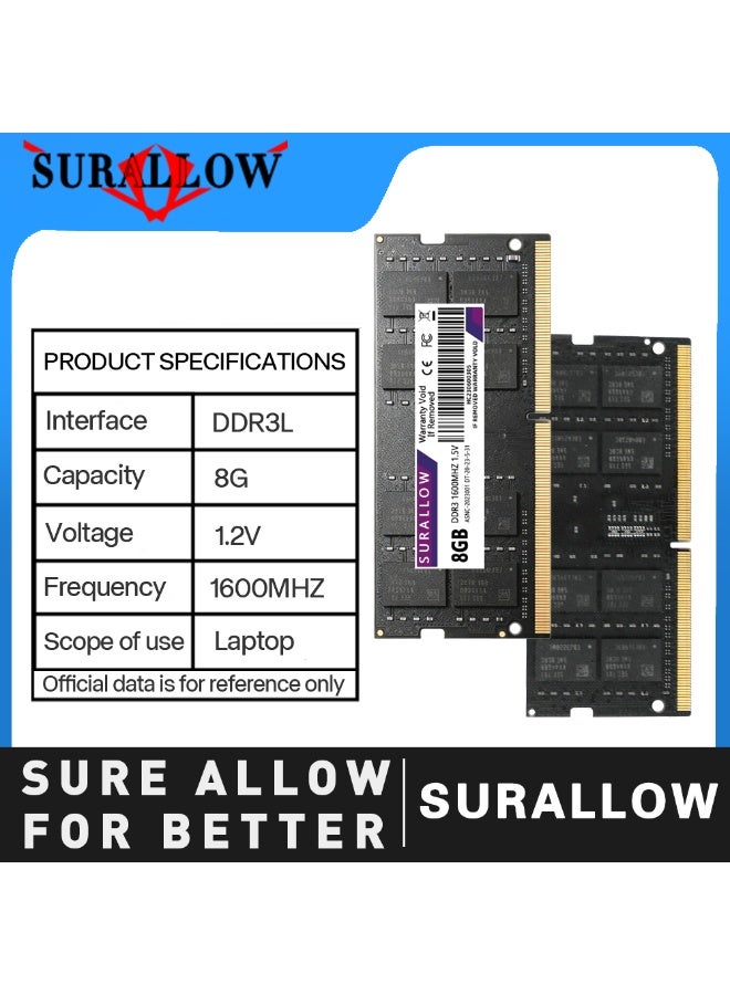 سورالوا ذاكرة SURALLOW DDR3 RAM للكمبيوتر المحمول فقط، طقم 8 جيجابايت (1x8 جيجابايت) DDR3L 1600 ميجاهرتز PC3-10600 CL11 1.35 فولت 2Rx8 SODIMM 204 دبوس غير مخزنة مؤقتًا وغير مصححة للأخطاء (Non ECC) ترقية ذاكرة الكمبيوتر المحمول - Image 3