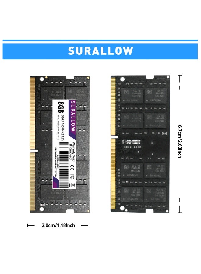 سورالوا ذاكرة SURALLOW DDR3 RAM للكمبيوتر المحمول فقط، طقم 8 جيجابايت (1x8 جيجابايت) DDR3L 1600 ميجاهرتز PC3-10600 CL11 1.35 فولت 2Rx8 SODIMM 204 دبوس غير مخزنة مؤقتًا وغير مصححة للأخطاء (Non ECC) ترقية ذاكرة الكمبيوتر المحمول - Image 2